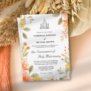 Invitación Boda Misa Nupcial Iglesia Naranja Brillante Floral