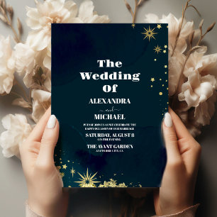 Invitación Boda Mística Azul Dorado Estrella Luna Chic