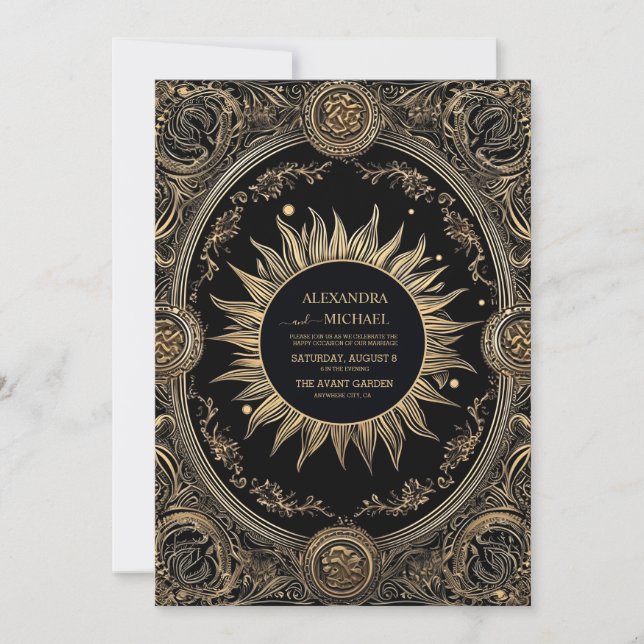 Invitación Boda Mística Celestial de Negro y Dorado (Anverso)