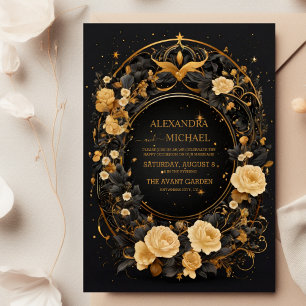 Invitación Boda Mística Celestial de Negro y Dorado