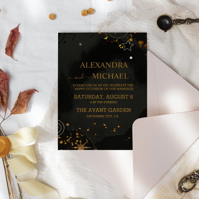 Invitación Boda Mística Celestial de Negro y Dorado (Subido por el creador)