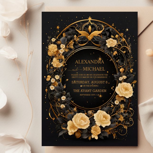 Invitación Boda Mística Celestial de Negro y Dorado (Subido por el creador)