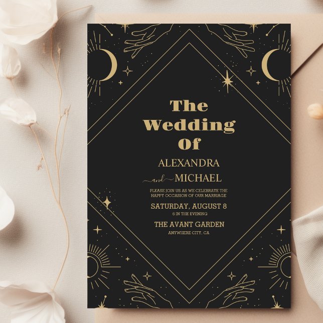 Invitación Boda Mística Celestial de Negro y Dorado (Subido por el creador)