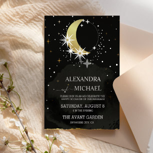 Invitación Boda Mística Celestial de Negro y Dorado