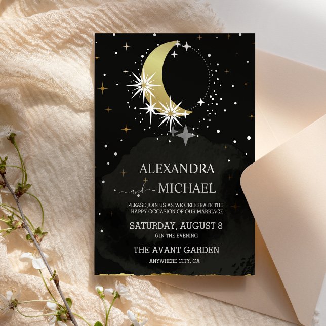 Invitación Boda Mística Celestial de Negro y Dorado (Subido por el creador)