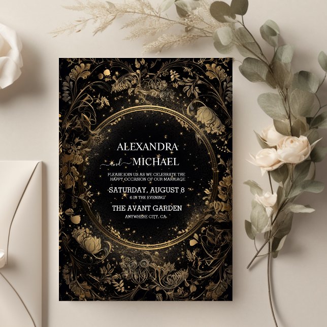 Invitación Boda Mística Celestial de Negro y Dorado (Subido por el creador)