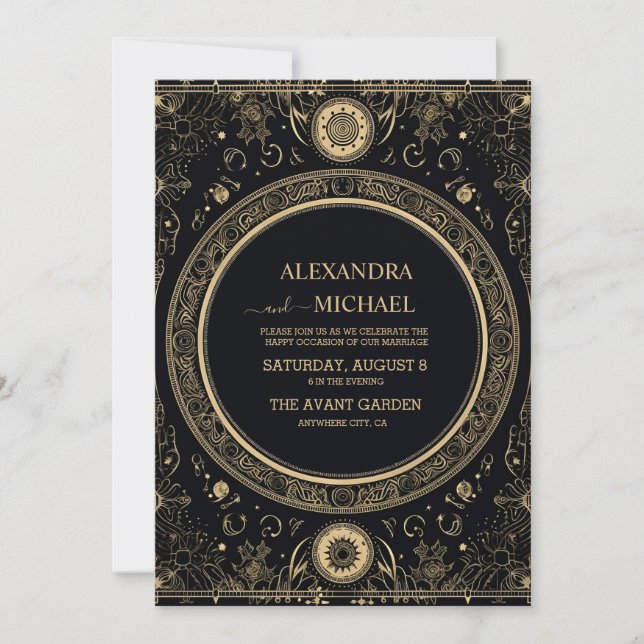 Invitación Boda Mística Celestial Negra y Dorada (Anverso)
