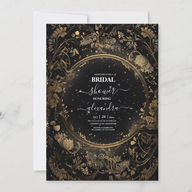 Invitación Boda Mística Celestial Negra y Dorada (Anverso)