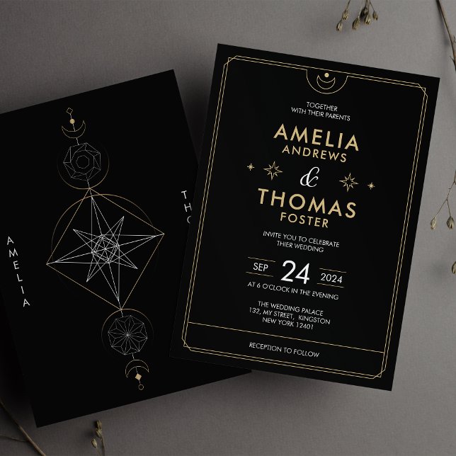 Invitación Boda Mística Celestial Negra y Dorada Moderna (Subido por el creador)