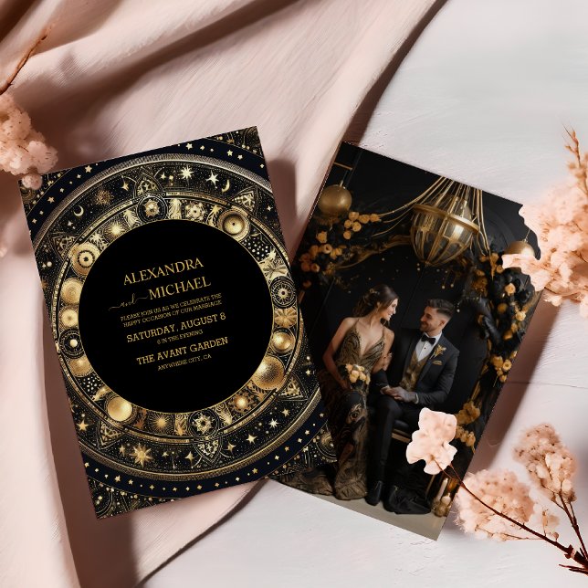 Invitación Boda Mística Chic Negro Dorado Sol Luna (Subido por el creador)