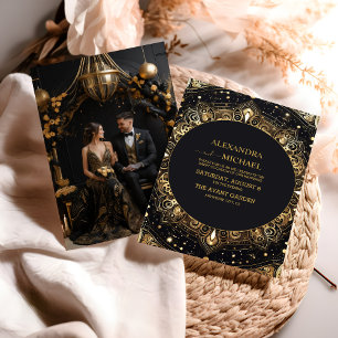 Invitación Boda Mística de Estrellas Celestiales de Oro Negro