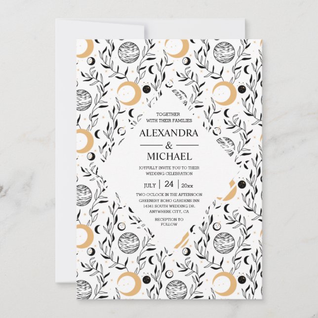Invitación Boda Mística de Estrellas Celestiales en Blanco y  (Anverso)