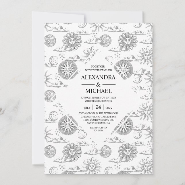 Invitación Boda Mística de Estrellas Celestiales en Blanco y  (Anverso)