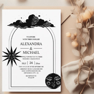 Invitación Boda Mística de Estrellas Celestiales en Blanco y 