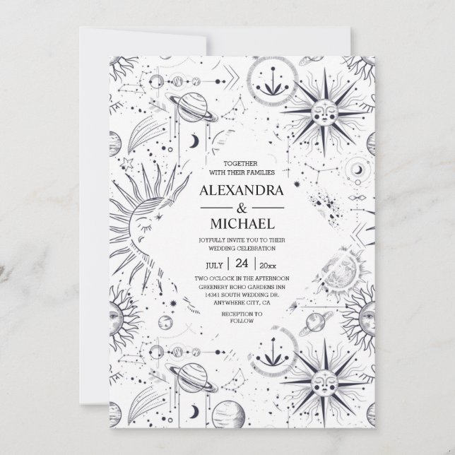 Invitación Boda Mística de Estrellas Celestiales en Blanco y  (Anverso)