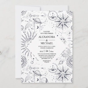 Invitación Boda Mística de Estrellas Celestiales en Blanco y 