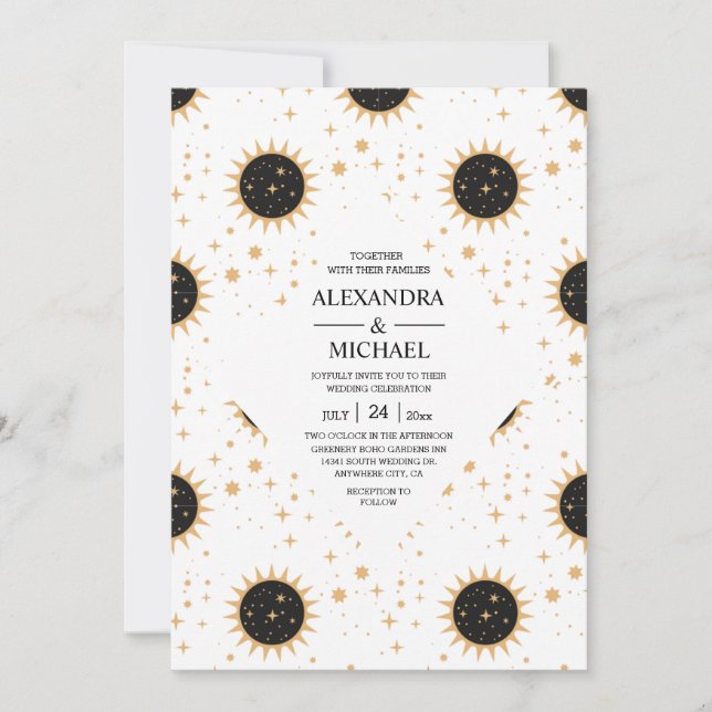 Invitación Boda Mística de Estrellas Celestiales en Blanco y  (Anverso)