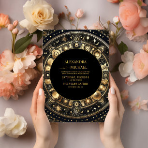Invitación Boda Mística de Negro y Dorado Sol Luna
