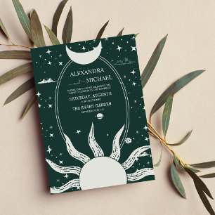 Invitación Boda Mística del Sol y la Luna Plateada y Verde