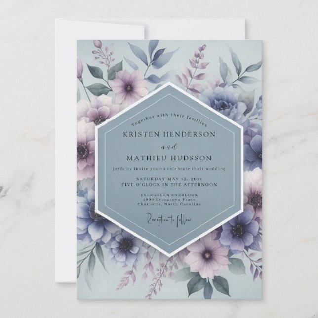 Invitación Boda Mística Flor de Azul Pizarra (Anverso)