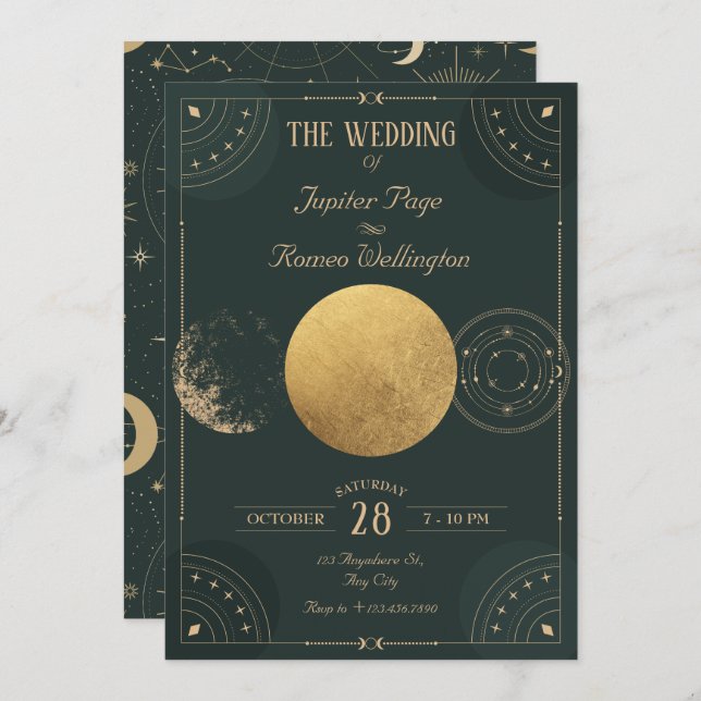 Invitación Boda místico celestial verde de la luna (Anverso / Reverso)