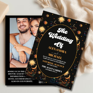 Invitación Boda místico de estrellas celestes de oro negro