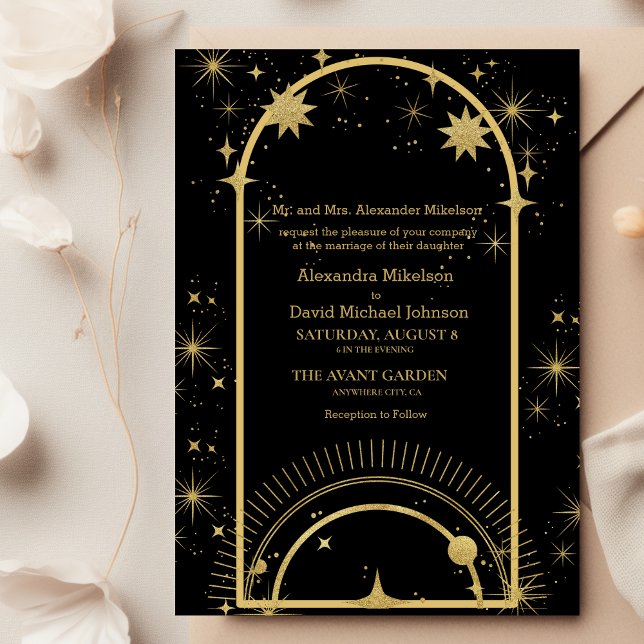 Invitación Boda místico de estrellas celestes de oro negro (Subido por el creador)