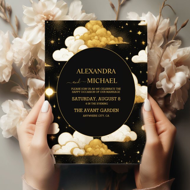 Invitación Boda místico de estrellas celestes de oro negro (Subido por el creador)
