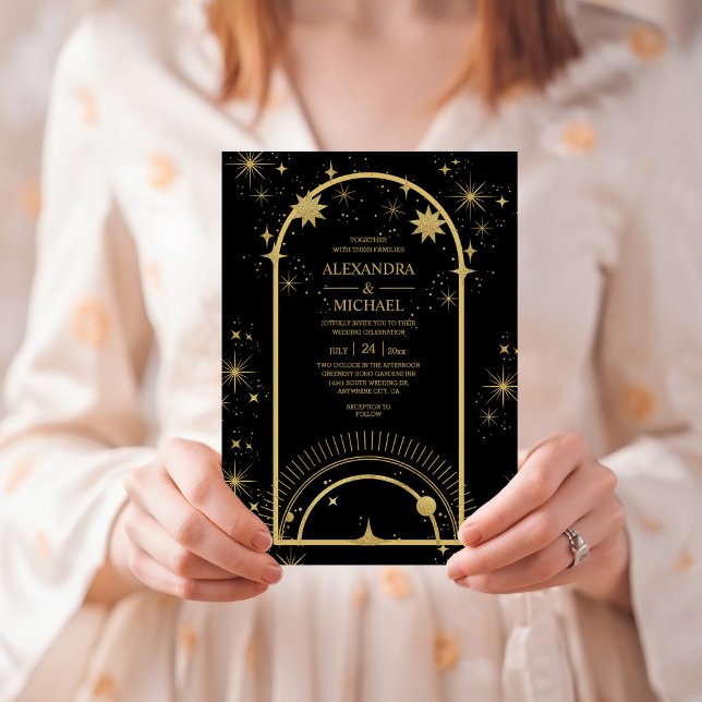 Invitación Boda místico de estrellas celestes de oro negro (Subido por el creador)