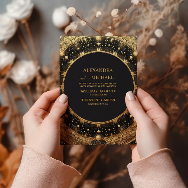 Invitación Boda místico de estrellas celestes de oro negro (Subido por el creador)