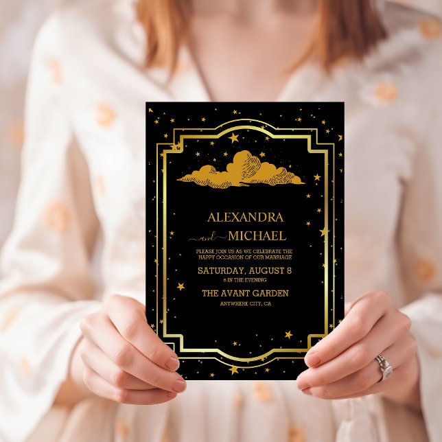 Invitación Boda místico de estrellas celestes de oro negro (Subido por el creador)