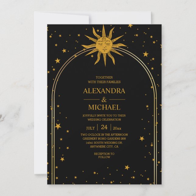 Invitación Boda místico de estrellas celestes de oro negro (Anverso)