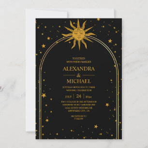 Invitación Boda místico de estrellas celestes de oro negro