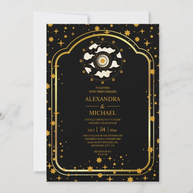 Invitación Boda místico de estrellas celestes de oro negro (Anverso)