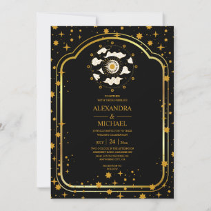 Invitación Boda místico de estrellas celestes de oro negro