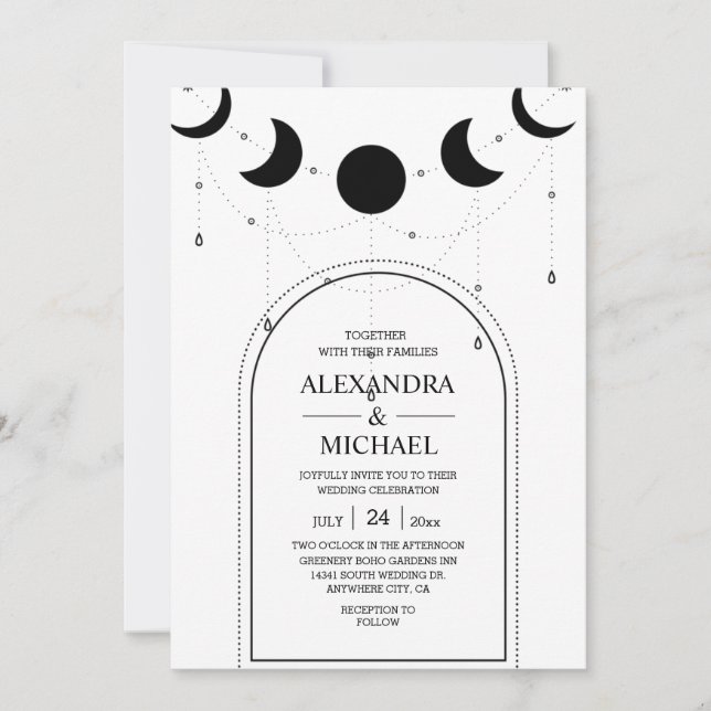 Invitación Boda místico de estrellas celestes negras y blanca (Anverso)