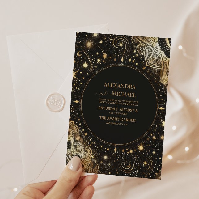 Invitación Boda místico de galaxia celeste de oro negro (Subido por el creador)