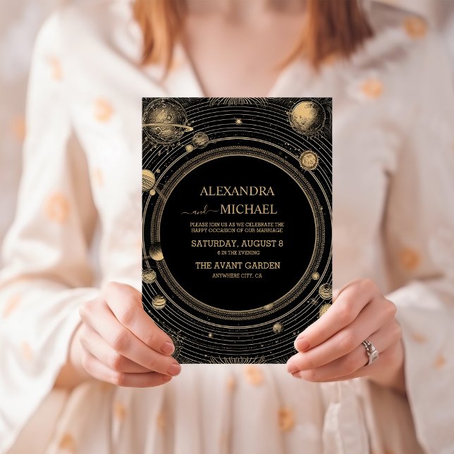 Invitación Boda místico de galaxia celeste de oro negro (Subido por el creador)