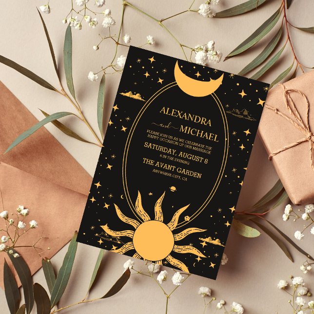 Invitación Boda místico de la luna del Sol Negro y Oro (Subido por el creador)