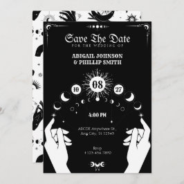 Invitación Boda místico de mano Boho Moon en blanco y negro
