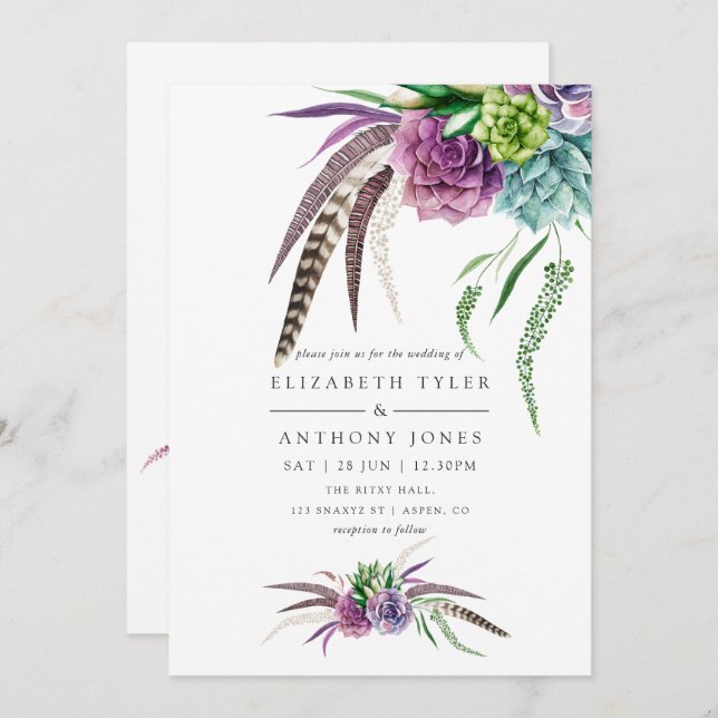 Invitación Boda místico del Boho Watercolor Suculento (Anverso / Reverso)