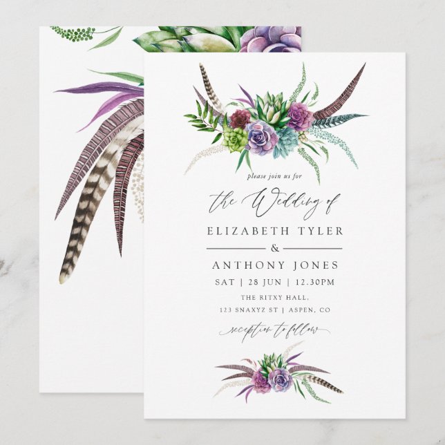 Invitación Boda místico del Boho Watercolor Suculento (Anverso / Reverso)