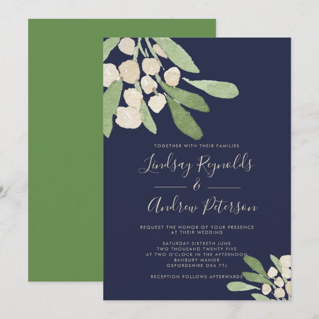 Invitación Boda Mistletode de Marina y Acuarela Verde (Anverso / Reverso)