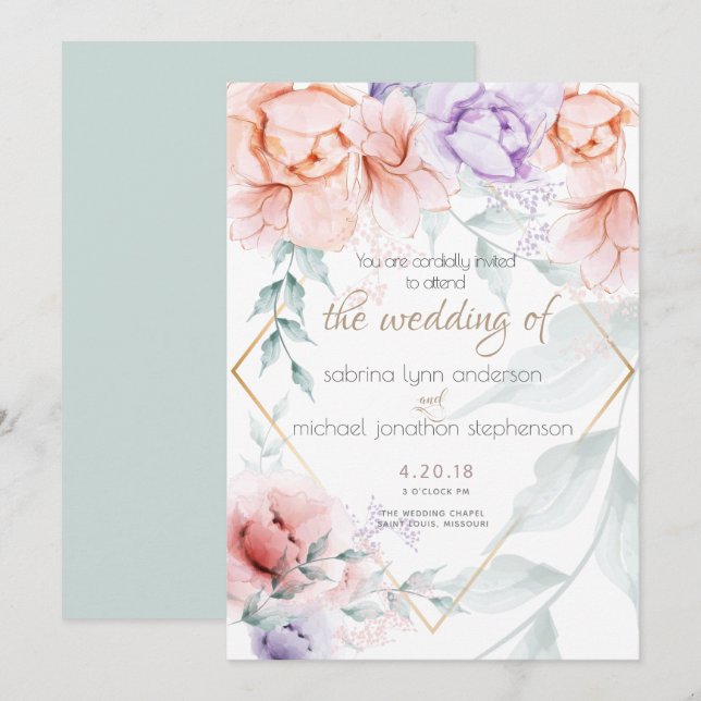 Invitación Boda |Moda de moda Coral y Lilac Aquarelle (Anverso / Reverso)
