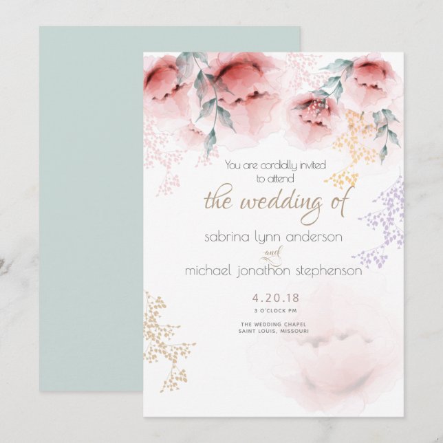 Invitación Boda |Moda de moda Coral y Lilac Aquarelle (Anverso / Reverso)