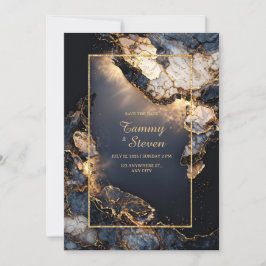 Invitación Boda Moderna Abstracta Oscura Geoda Dorada Navy