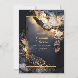 Invitación Boda Moderna Abstracta Oscura Geoda Dorada Navy