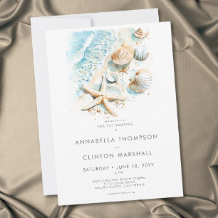 Invitación Boda moderna acuarela de conchas de playa costera
