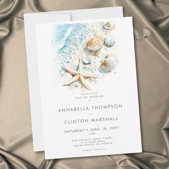 Invitación Boda moderna acuarela de conchas de playa costera (Coastal Beach Shell Modern Watercolor Wedding Invitation)