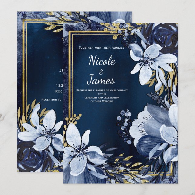 Invitación Boda moderna acuarela floral azul marino y dorado (Anverso / Reverso)